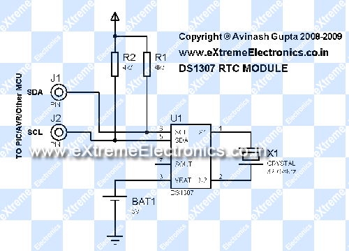 DS1307 RTC Module Schematic for interface with PIC/AVR MCUs